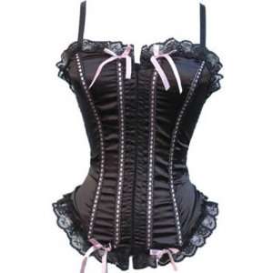 Pretty in Black lace trimmed corset with dotted pink strips and ribbon 