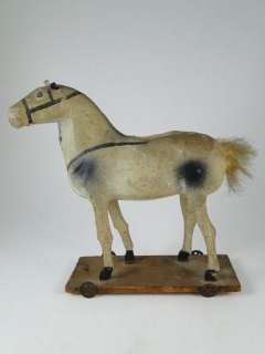 Antique 1910s Wood Papier Mache Horse Pull Toy Figurine Statue Tin 