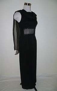 Vintage Scott Mcclintock Black Evening Gown W/ Floating Panel & Beads 