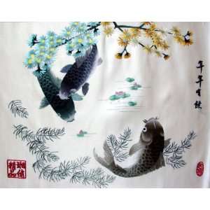 Chinese Hunan Silk Embroidery 3 Fish Koi Flower 