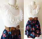 NEW Ivory/Navy Blue Ruffle Knit Top Contrast Floral Print Woven Skirt 