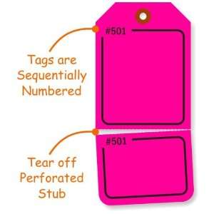  Blank   Fluorescent Pink Numbered Tag with Tear Stub , 2 