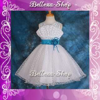 White Blue Flower Girl Wedding Pageant Party Princess Dresses Sz 9 10 
