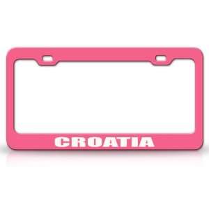 CROATIA Country Steel Auto License Plate Frame Tag Holder, Pink/White