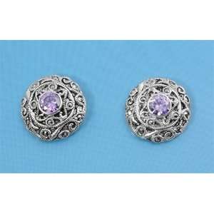    Sterling Silver Amethyst CZ & Marcasite Round Earrings Jewelry
