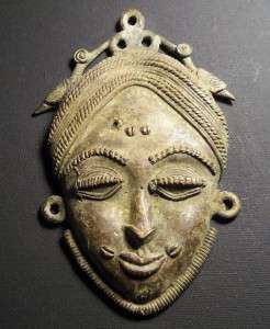 Very Old Baule Bronze Mask pendant with avian finial, African Tribal 