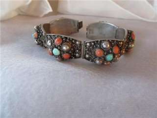 Vintage Chinese Silver Filigree Natural Coral & Turquoise Stone 