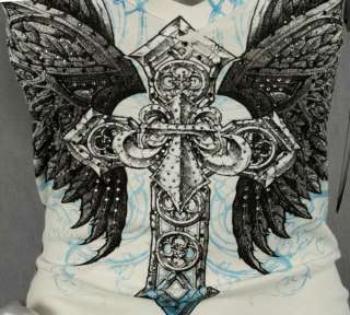 AFFLICTION womens T shirt JOVIAL Vintage white shirt wings cross 
