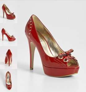 NIB NEW GUESS Medium Red KADI Peep Toe BOW TIE Pumps Shoes Heels 
