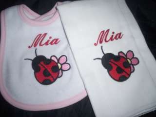 Ladybug lady bug Flower Baby Bib & Burp Cloth Set Personalized KAs 