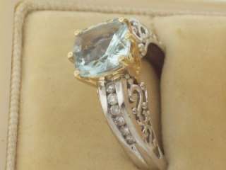 VINTAGE 14K WHITE GOLD ANTIQUE STYLE FILIGREE AQUAMARINE DIAMOND RING 
