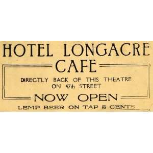  1910 Ad Hotel Longacre Cafe Lemp Beer On Tap New York 