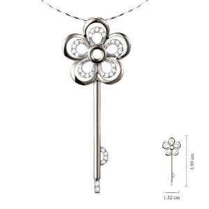 Mirco Pave Lab Created Diamond Flower Key Designed .925 Fine Sterling 