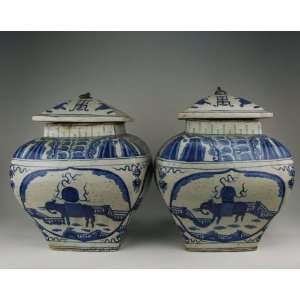  Pair Of Blue Underglaze Decoration Porcelain Lidded Jars With Kylin 