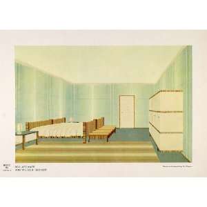  1932 Art Deco Bedroom Bed Settee Rug Bureau Lamp Print 
