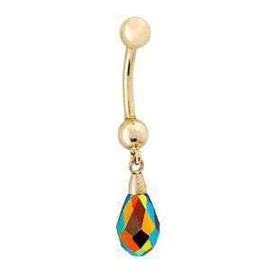 Dark Rainbow Crystal Charm Dangle 14K Yellow Gold Belly Button Ring