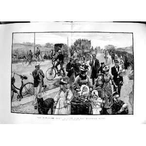 1890 Bank Holiday Roadside Scene Family Bicycles Street  