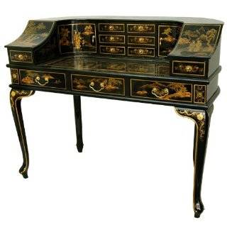   Black Lacquer Piano Style Writing Desk  Hand Painted Chinoisorie