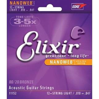 Elixir Strings Acoustic Guitar Strings, 12 String, Light NANOWEB 