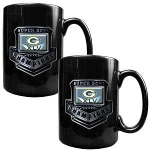 Green Bay Packers Super Bowl 45 Champs 2pc 15oz Black Ceramic Mug Set 