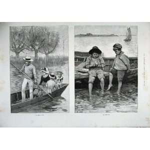   1886 Fine Art Children River Boat Family Lake Trees