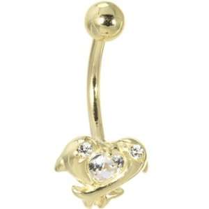  Solid 14kt Yellow Gold Cubic Zirconia Dolphin Kiss Belly 