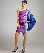 Nicole Miller magenta and blue silk ombre one shoulder drape dress 
