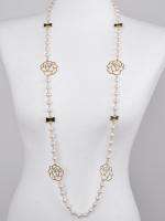 New White Pearl Gold Rose Camellia Bow Long Necklace  