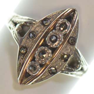 Vintage Sterling Silver & 14K Gold   Marcasite Deco Cat Eye   Ring 