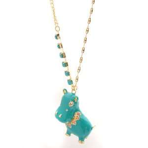 Gold Plated Betty Johnson Style Safari Hippo Necklace Turquoise Color