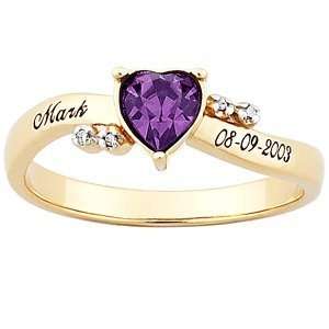  Birthstone Heart Name & Date Diamond Ring   Personalized 