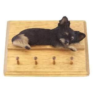  Chihuahua Dog Black/Tan Long Hair Leash Holder Wood Plaque 