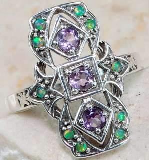 Natural Amethyst Green Opal 925 Sterling Silver Victorian Style Ring 