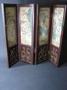Nice Old Chinese Tabletop Folding Screen Carved Wood Frame And 