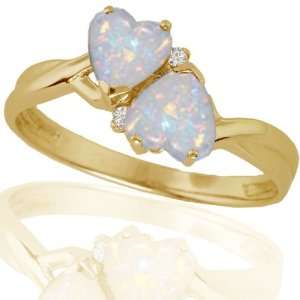  10k Yellow Gold Created Opal and Diamond Heart Ring (.02 