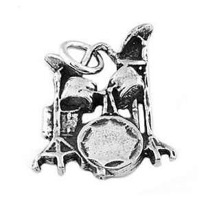  Sterling Silver Flat One Sided Drum Set Charm Jewelry