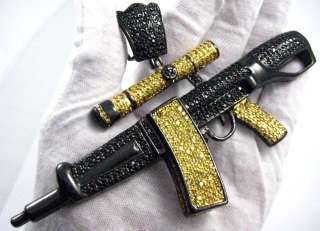 AK 47 GUN CHARM BLACK AND YELLOW STONES WITH 14K BLACK RHODIUM FINISH