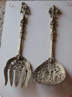 Antique Italian Brass CHERUBS Decor Serving Spoon Fork  