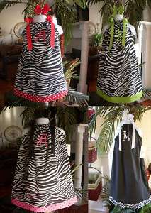 Zebra Monogram Pillowcase Dress size 3 month   6 years with hair bow 