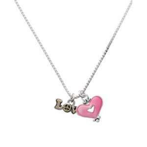   on Silver with Peace Sign and Trasnlucent Pink Heart Charm Necklace