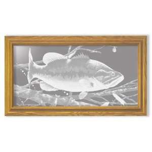  Etched Mirror Bass Fishing Art in Oak Frame Long Rectangle 