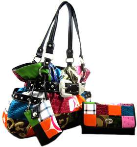 Rhinestone Belt Buckle Colorful Patchwork Purse Handbag SET Black FREE 