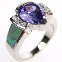 NEW GREEN CREATED OPAL W/ CZ 925 SILVER RING S7  