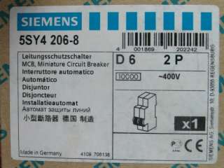 5SY4 206 8 Siemens MCB D6 2P Miniature Circuit Breaker  