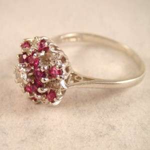VINTAGE 1970s RUBY & DIAMOND COCKTAIL CLUSTER RING 18ct WHITE GOLD 
