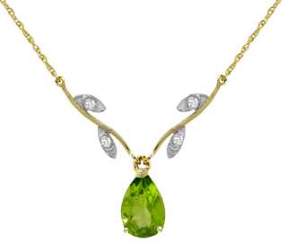   Yellow Gold Natural Peridot Pear Cut Gemstone & Real Diamonds Necklace