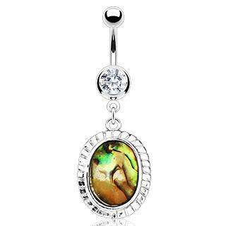 ABALONE INLAY OVAL CZ FRAME BELLY NAVEL RING DANGLE BUTTON PIERCING 