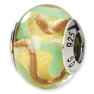  925 Silver Yellow Gold Green Italian Murano Glass Bead 