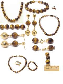 18K Gold Tigers Eye Bead Necklace Bracelet Earring Set  