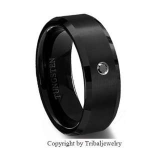 8MM Mens Black Tungsten Carbide Ring With BLACK DIAMOND Wedding Bands 
